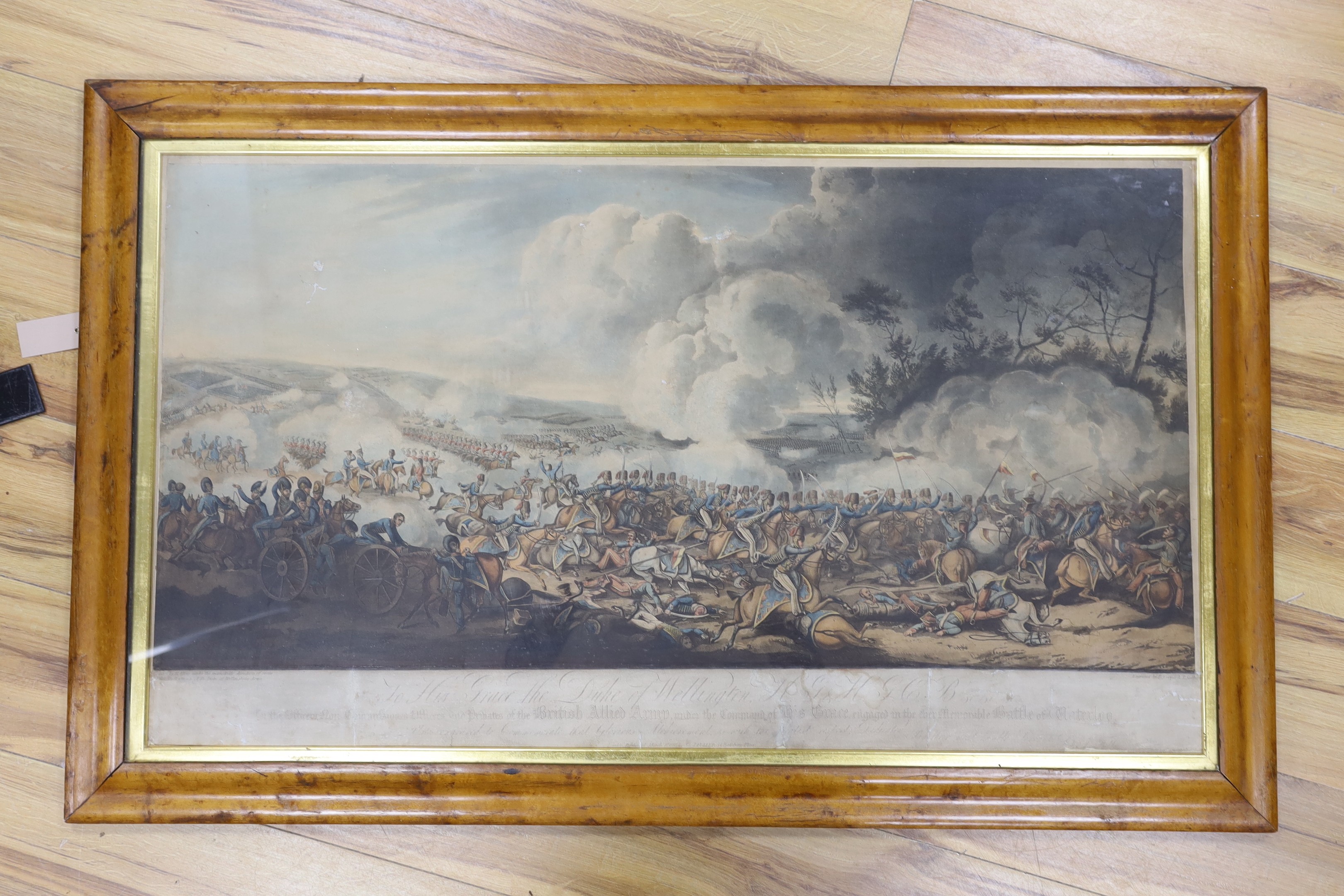 Cooper & Sutherland after Alken, coloured aquatint, 'The Battle of Waterloo', overall 57 x 99cm, maple framed